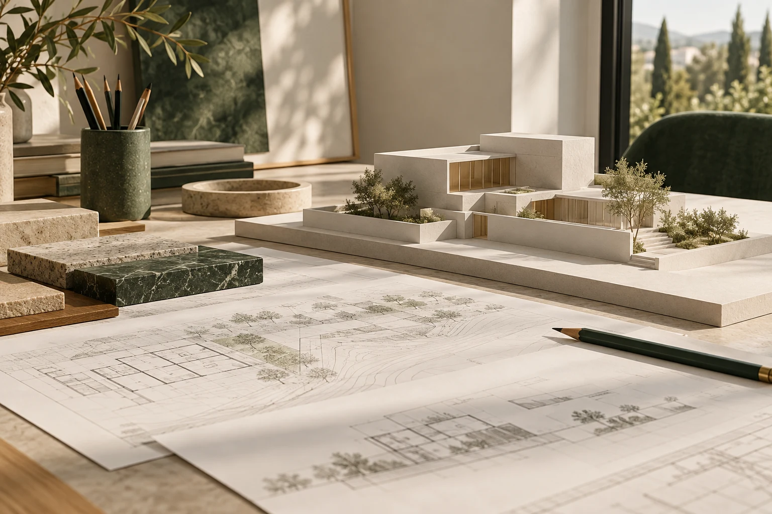 Imagen conceptual de una maqueta, planos y materiales de arquitectura